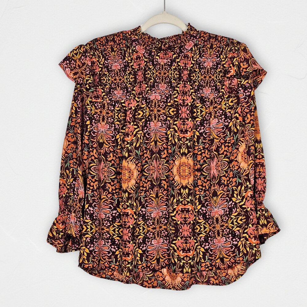 Cato Floral Smocked Mock Neck Blouse L Boho Long Sleeve Burgundy Orange